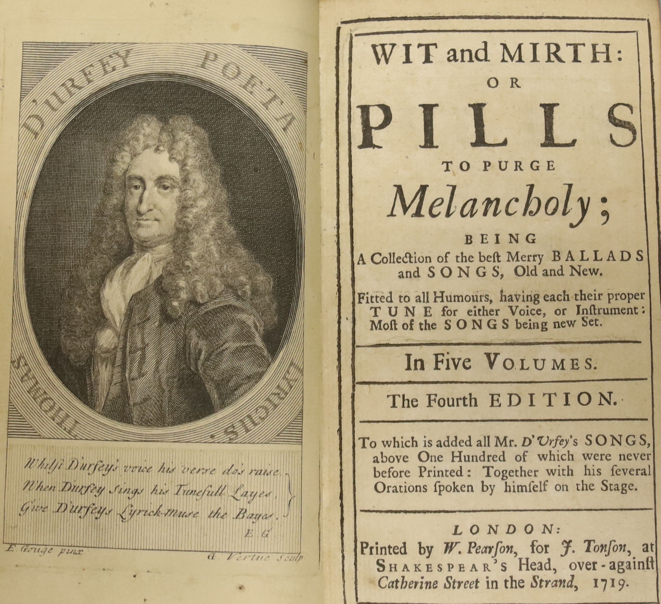 D'Urfey, Thomas - Wit and Mirth, or Pills to Purge Melancholy, 4th edition, 6 vols, 12mo, calf rebacked, London, 1719-20